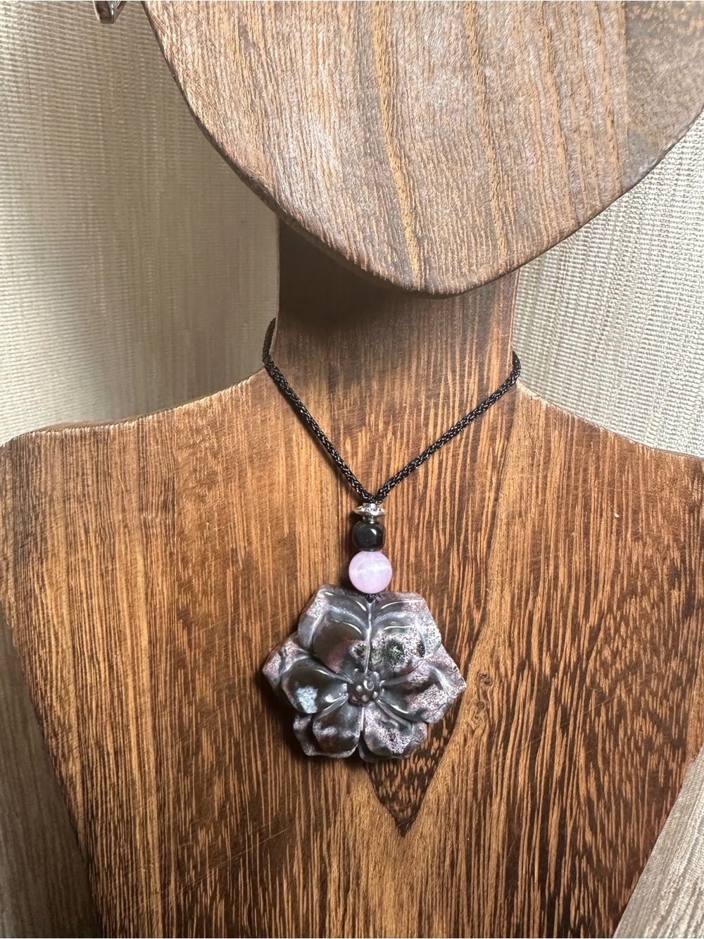 Ocean Jasper Pendant Necklace with Kunzite on Thin Black Adjustable Rope - Picture 2 of 16